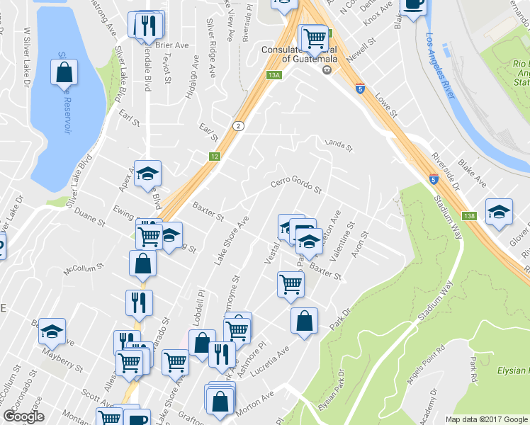 map of restaurants, bars, coffee shops, grocery stores, and more near 2143 Lemoyne Street in Los Angeles