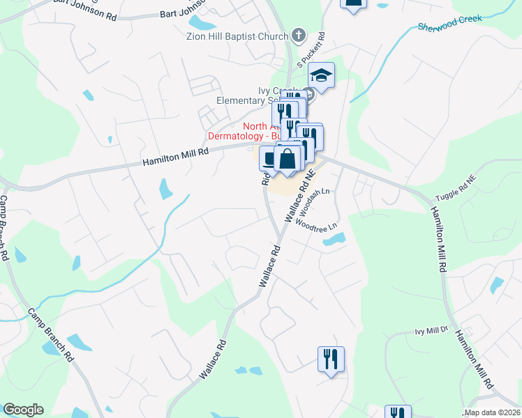 map of restaurants, bars, coffee shops, grocery stores, and more near 3346 Montauk Hill Drive in Buford