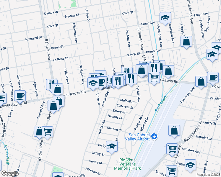map of restaurants, bars, coffee shops, grocery stores, and more near 10520 Lower Azusa Road in El Monte