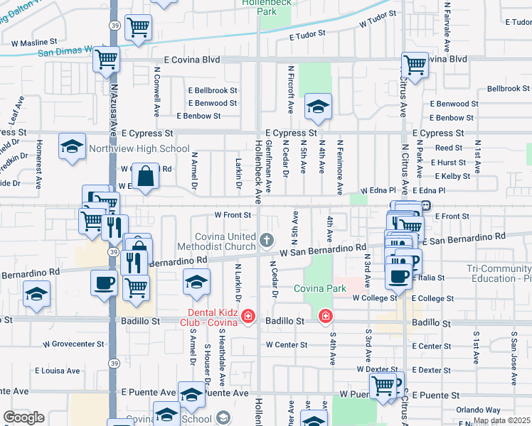 map of restaurants, bars, coffee shops, grocery stores, and more near 469 West Front Street in Covina