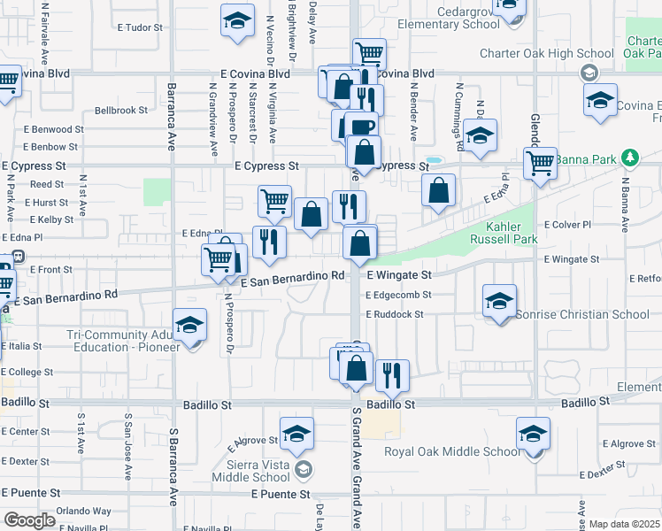 map of restaurants, bars, coffee shops, grocery stores, and more near 841 East San Bernardino Road in Covina