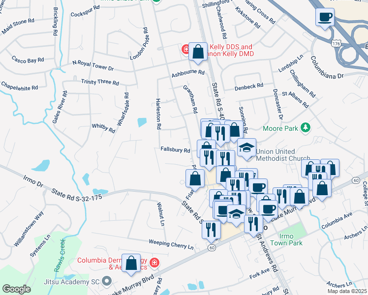map of restaurants, bars, coffee shops, grocery stores, and more near 106 Fallsbury Road in Irmo