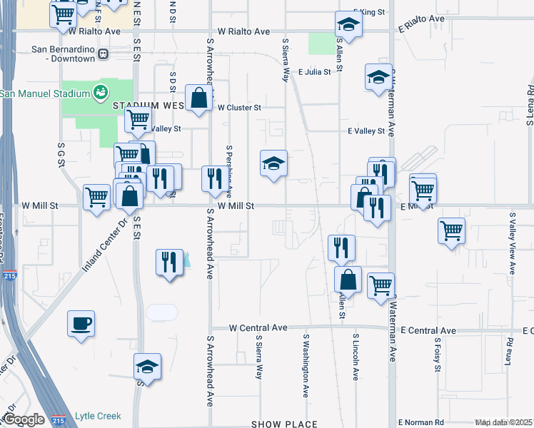 map of restaurants, bars, coffee shops, grocery stores, and more near 161 West Mill Street in San Bernardino
