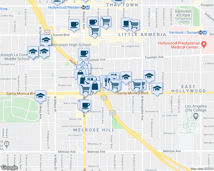 map of restaurants, bars, coffee shops, grocery stores, and more near 5334 Virginia Avenue in Los Angeles