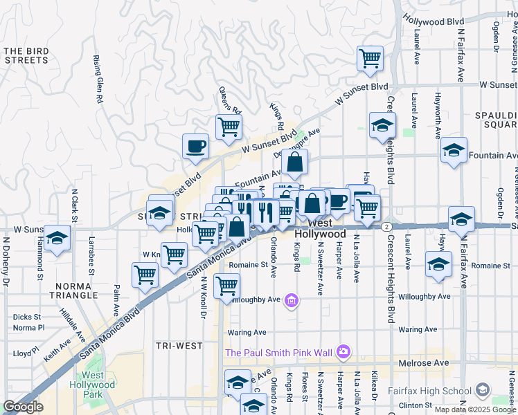 map of restaurants, bars, coffee shops, grocery stores, and more near 1121 Olive Dr in West Hollywood
