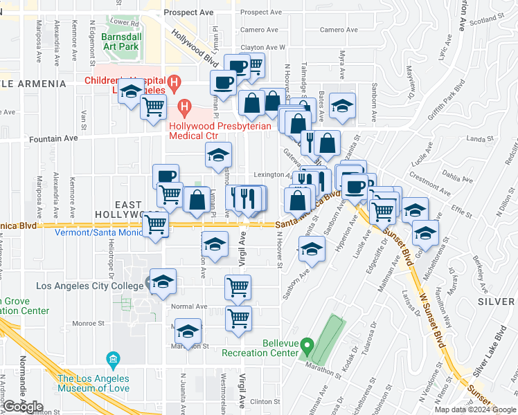 map of restaurants, bars, coffee shops, grocery stores, and more near 1127 North Commonwealth Avenue in Los Angeles