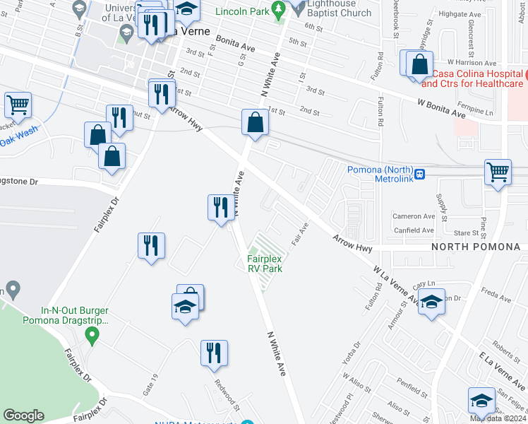 map of restaurants, bars, coffee shops, grocery stores, and more near 1758 Lordsburg Court in La Verne