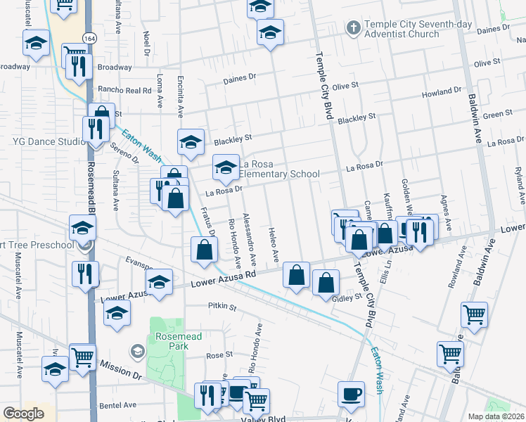 map of restaurants, bars, coffee shops, grocery stores, and more near 4947 Heleo Avenue in Temple City