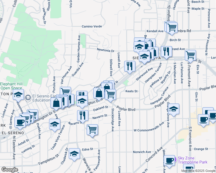 map of restaurants, bars, coffee shops, grocery stores, and more near 5361 Huntington Drive North in Los Angeles