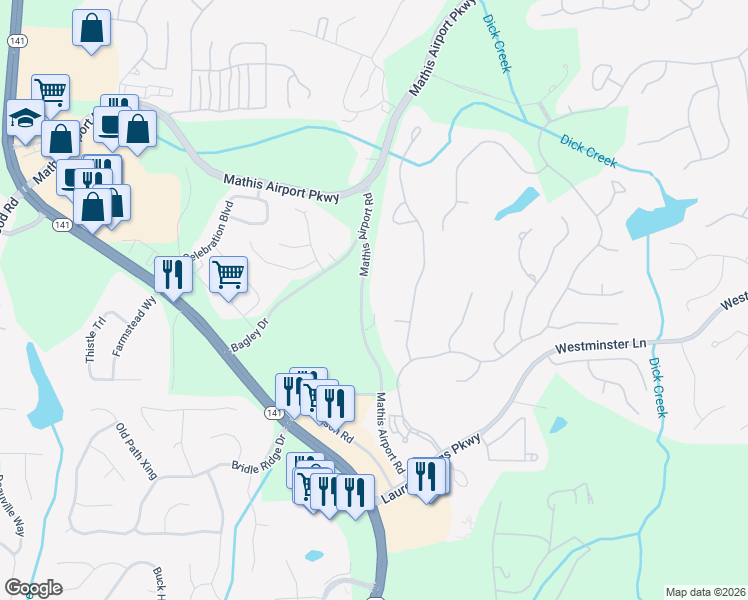 map of restaurants, bars, coffee shops, grocery stores, and more near 849 Mathis Airport Road in Suwanee