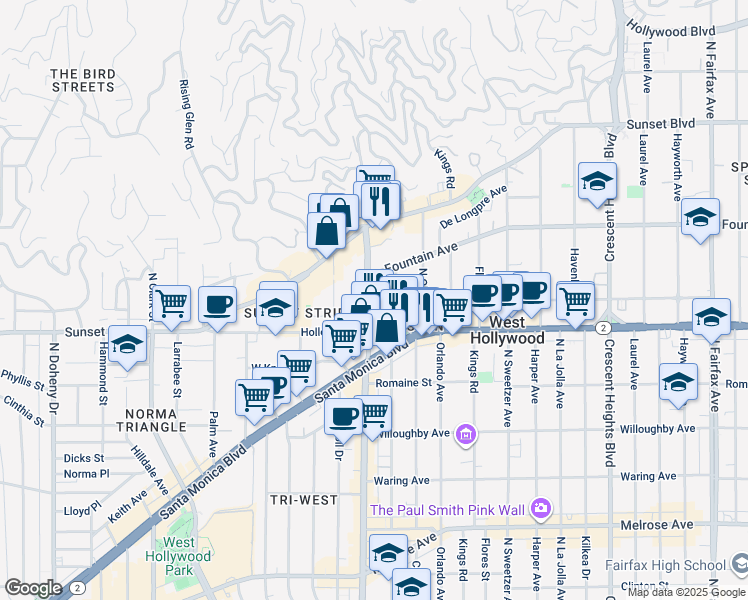 map of restaurants, bars, coffee shops, grocery stores, and more near 1147 Hacienda Place in West Hollywood
