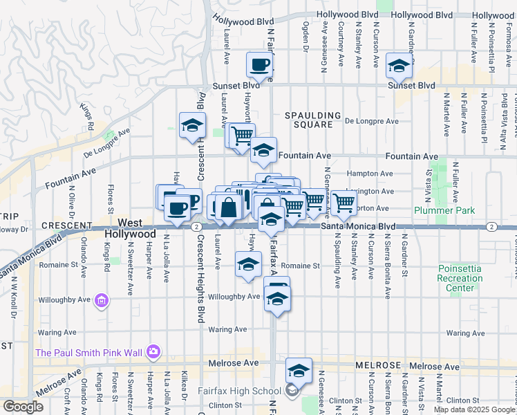 map of restaurants, bars, coffee shops, grocery stores, and more near 7928 W Norton Avenue in West Hollywood
