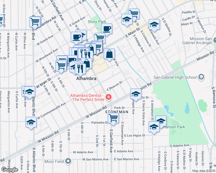 map of restaurants, bars, coffee shops, grocery stores, and more near 15 East Beacon Street in Alhambra