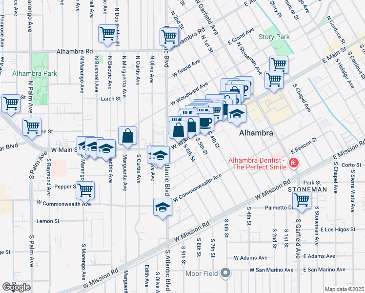 map of restaurants, bars, coffee shops, grocery stores, and more near 600 West Main Street in Alhambra