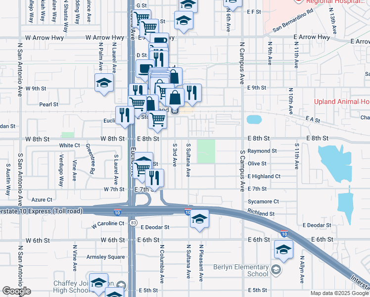 map of restaurants, bars, coffee shops, grocery stores, and more near 237 South Sultana Avenue in Upland