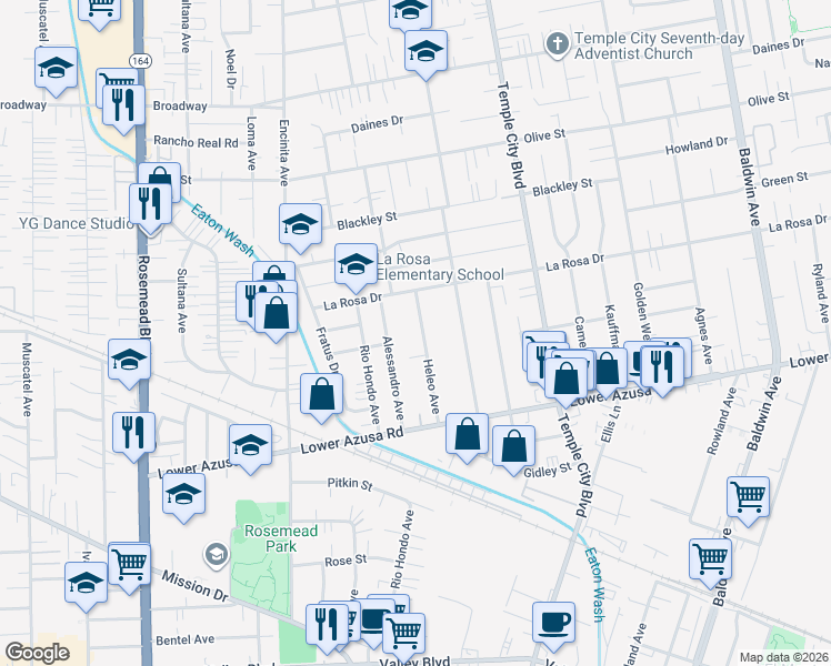 map of restaurants, bars, coffee shops, grocery stores, and more near 4947 Heleo Avenue in Temple City
