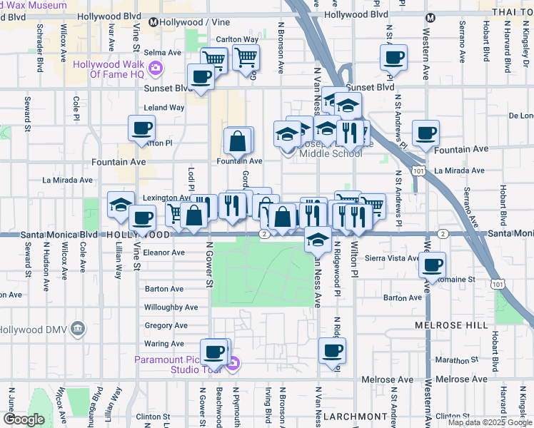 map of restaurants, bars, coffee shops, grocery stores, and more near 1132 Tamarind Avenue in Los Angeles
