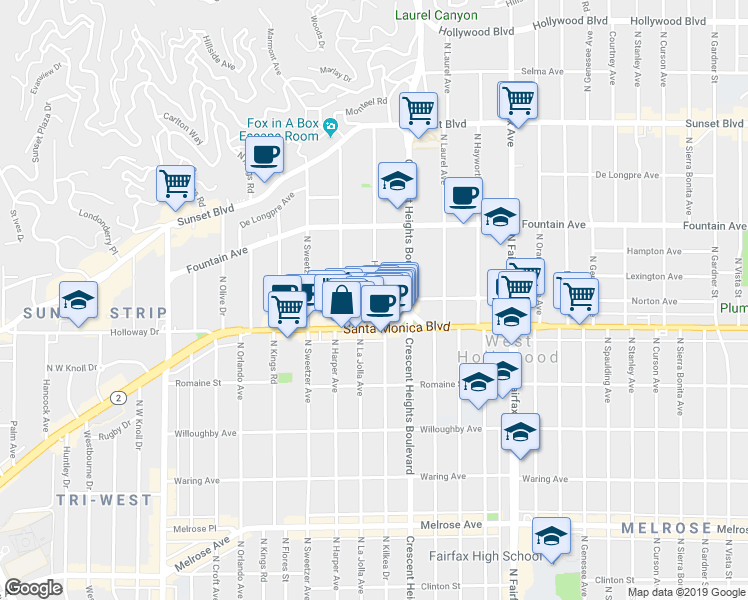 map of restaurants, bars, coffee shops, grocery stores, and more near Havenhurst Drive in West Hollywood