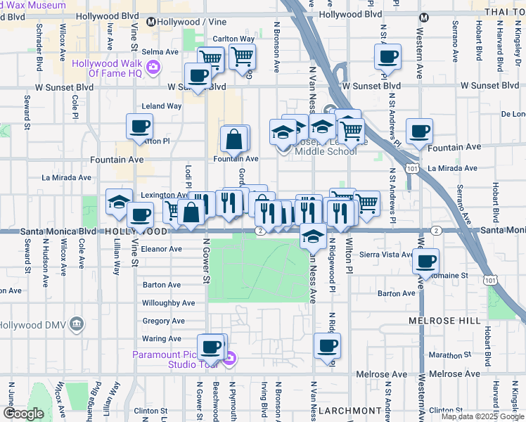 map of restaurants, bars, coffee shops, grocery stores, and more near 1132 Tamarind Avenue in Los Angeles