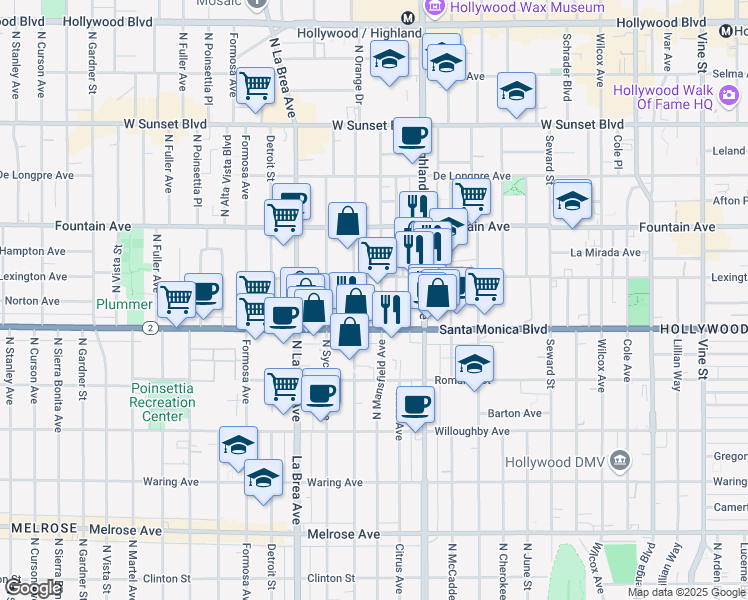 map of restaurants, bars, coffee shops, grocery stores, and more near 1140 West Alma Lane in Los Angeles
