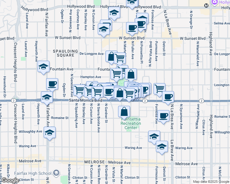 map of restaurants, bars, coffee shops, grocery stores, and more near 1140 North Vista Street in West Hollywood