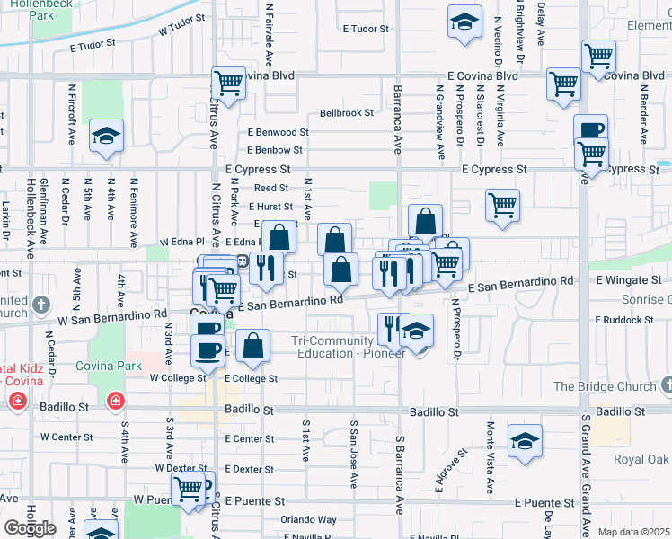 map of restaurants, bars, coffee shops, grocery stores, and more near 321 East Front Street in Covina