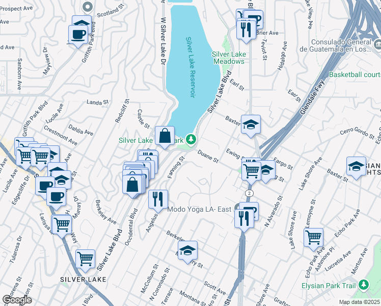 map of restaurants, bars, coffee shops, grocery stores, and more near 1896 Silver Lake Boulevard in Los Angeles