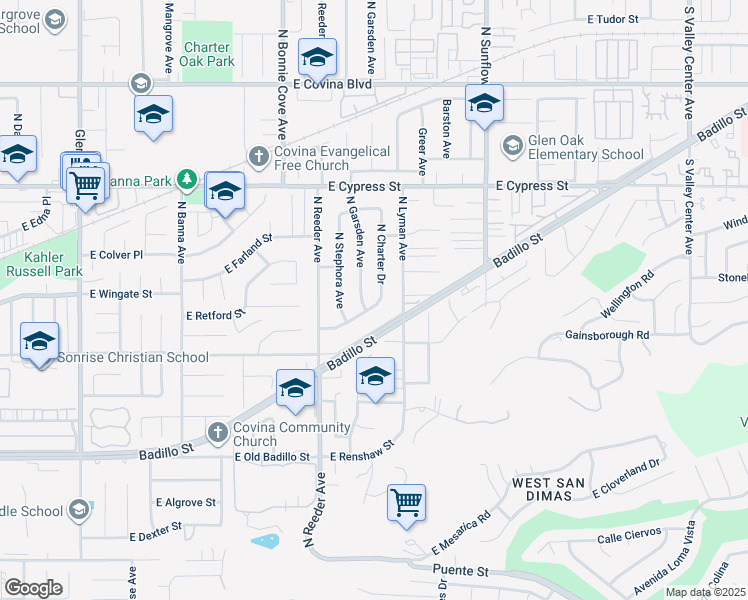 map of restaurants, bars, coffee shops, grocery stores, and more near 1875 East Edgecomb Street in Covina