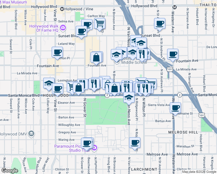 map of restaurants, bars, coffee shops, grocery stores, and more near 1132 Tamarind Avenue in Los Angeles