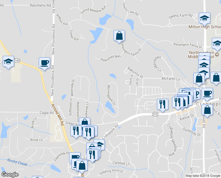 map of restaurants, bars, coffee shops, grocery stores, and more near 12870 Morningpark Circle in Alpharetta