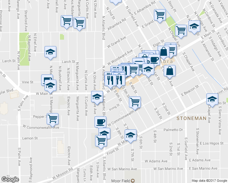 map of restaurants, bars, coffee shops, grocery stores, and more near 600 West Main Street in Alhambra