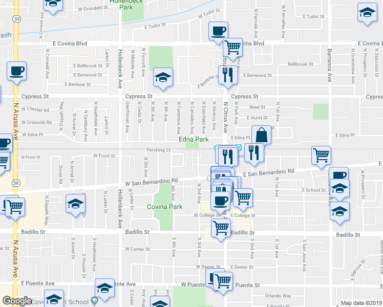 map of restaurants, bars, coffee shops, grocery stores, and more near 221 Merlot Drive in Covina