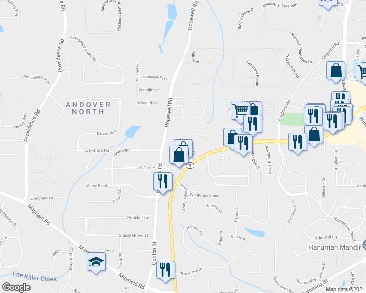 map of restaurants, bars, coffee shops, grocery stores, and more near 201 Vaughan Drive in Alpharetta