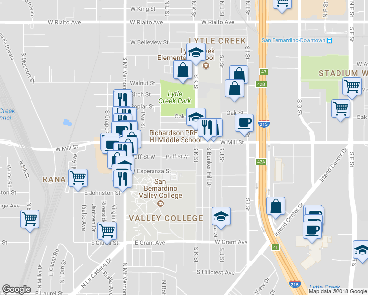 map of restaurants, bars, coffee shops, grocery stores, and more near 1141 West Mill Street in San Bernardino