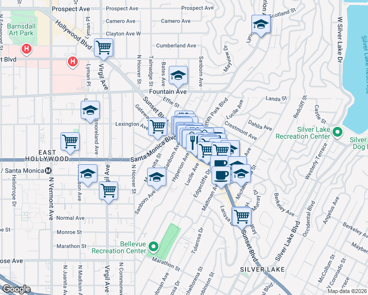 map of restaurants, bars, coffee shops, grocery stores, and more near in Los Angeles