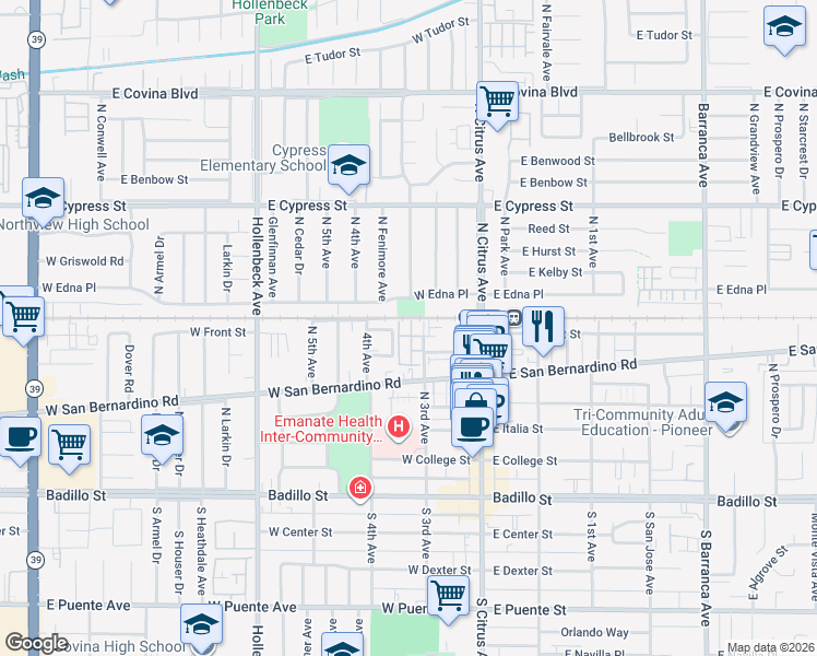 map of restaurants, bars, coffee shops, grocery stores, and more near 221 Merlot Drive in Covina