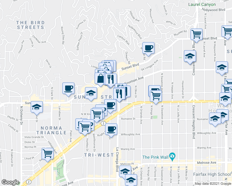map of restaurants, bars, coffee shops, grocery stores, and more near 1155 La Cienaga Blvd in Los Angeles
