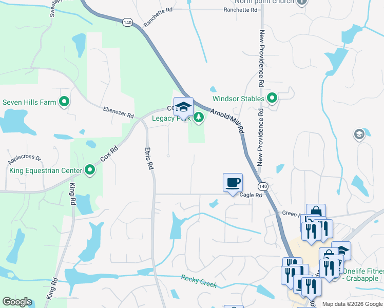 map of restaurants, bars, coffee shops, grocery stores, and more near 355 Cagle Road in Roswell
