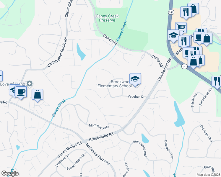 map of restaurants, bars, coffee shops, grocery stores, and more near 3120 Vaughan Drive in Cumming