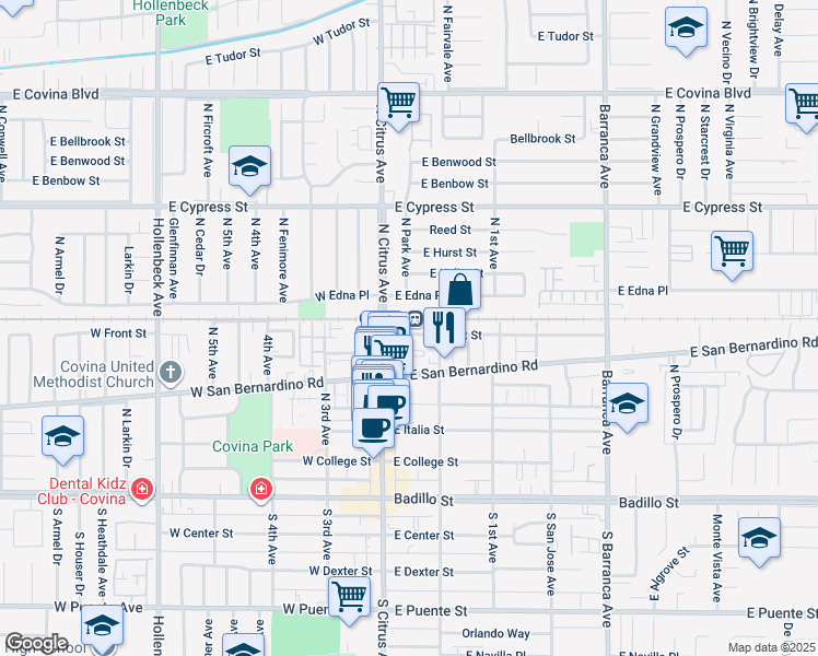 map of restaurants, bars, coffee shops, grocery stores, and more near 600 North Citrus Avenue in Covina
