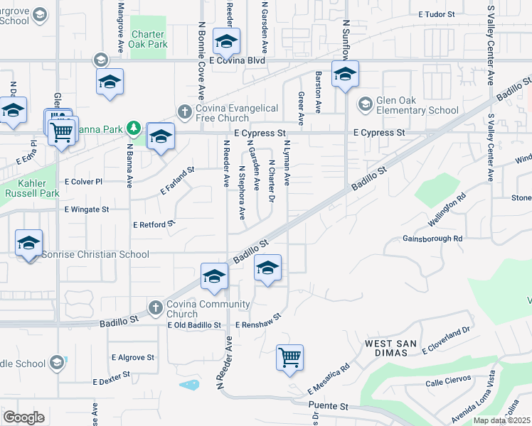 map of restaurants, bars, coffee shops, grocery stores, and more near 1875 East Edgecomb Street in Covina