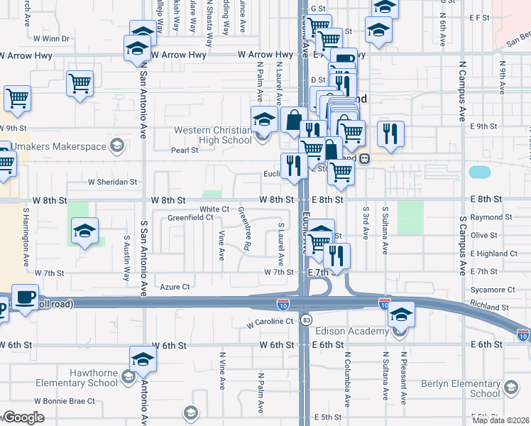map of restaurants, bars, coffee shops, grocery stores, and more near 173 Elizabeth Lane in Upland