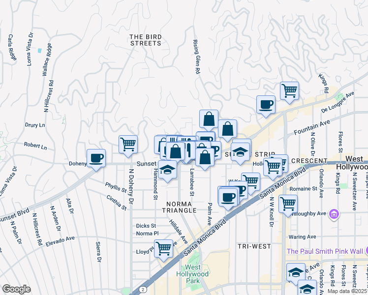 map of restaurants, bars, coffee shops, grocery stores, and more near 1140 North Clark Street in West Hollywood