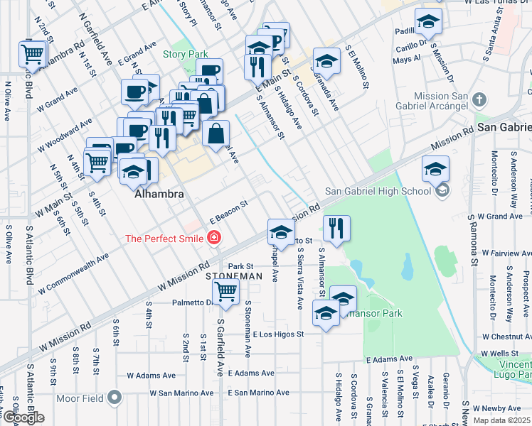 map of restaurants, bars, coffee shops, grocery stores, and more near 415 South Chapel Avenue in Alhambra