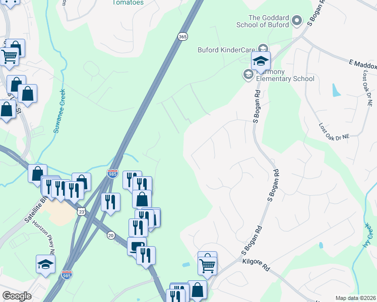 map of restaurants, bars, coffee shops, grocery stores, and more near 2110 Misty Oaks Drive in Buford