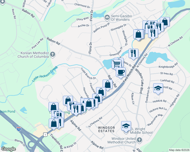 map of restaurants, bars, coffee shops, grocery stores, and more near 212 Todd Branch Drive in Columbia