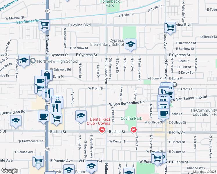 map of restaurants, bars, coffee shops, grocery stores, and more near 475 West Front Street in Covina