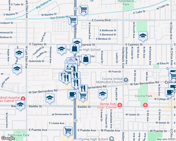 map of restaurants, bars, coffee shops, grocery stores, and more near 815 West Front Street in Covina