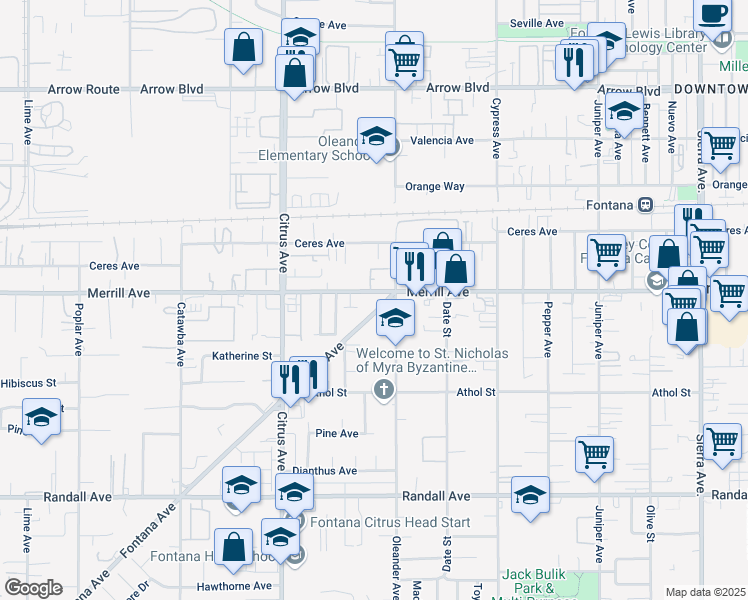 map of restaurants, bars, coffee shops, grocery stores, and more near 8916 Fontana Avenue in Fontana