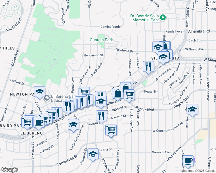 map of restaurants, bars, coffee shops, grocery stores, and more near 4052 Barrett Road in Los Angeles